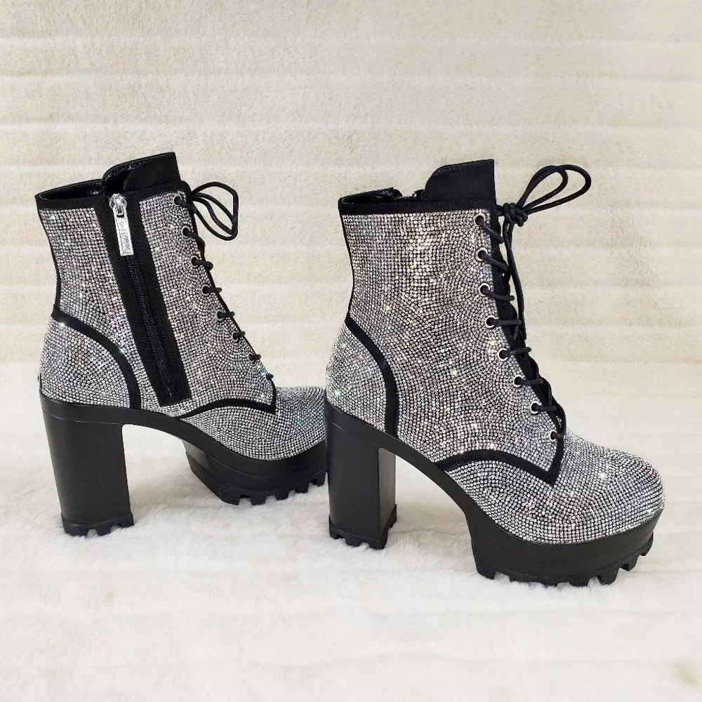 Cape Robbin Silver Crystal Lace-Up Platform Ankle Boots - Picture 6 of 15